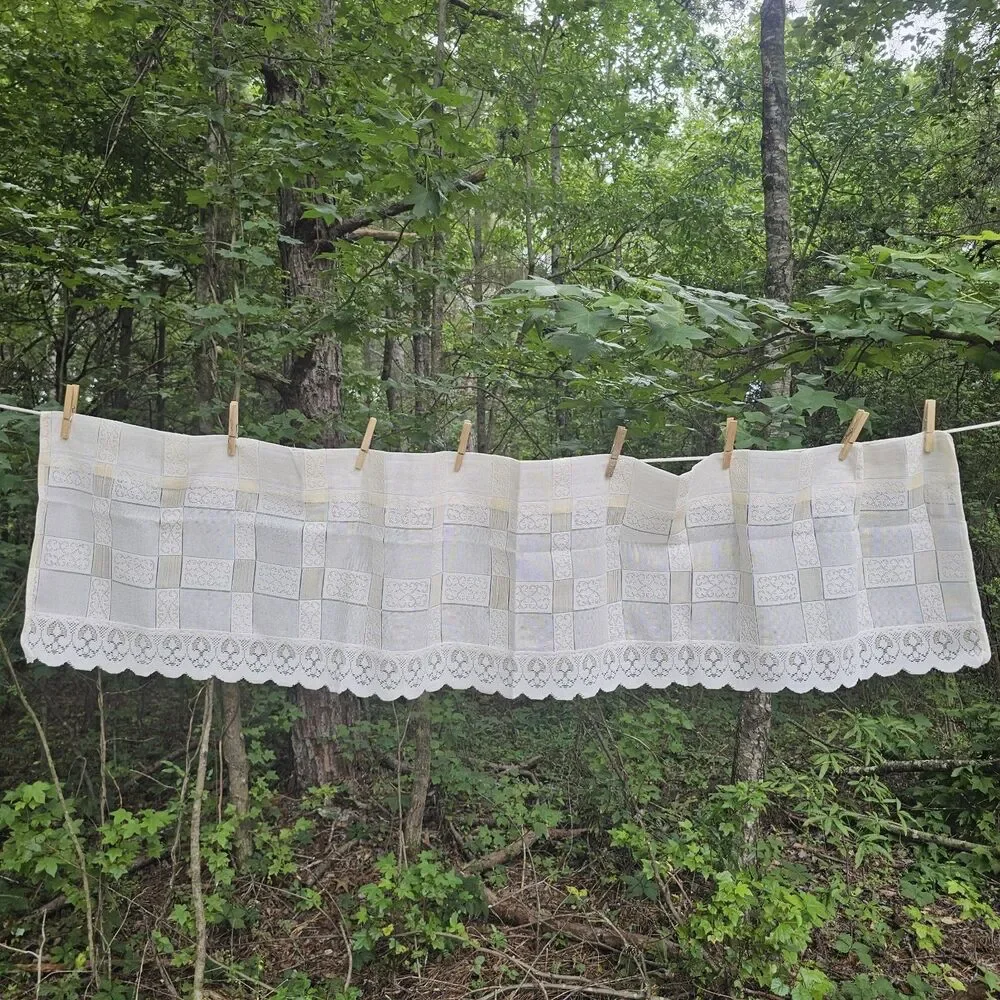 Vintage Cream & Butter Yellow Checkered Sheer Lace Valance - Cottage, Grannycore